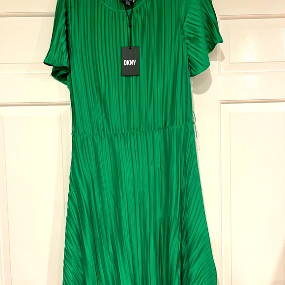 DKNY emerald green pleated silk dress